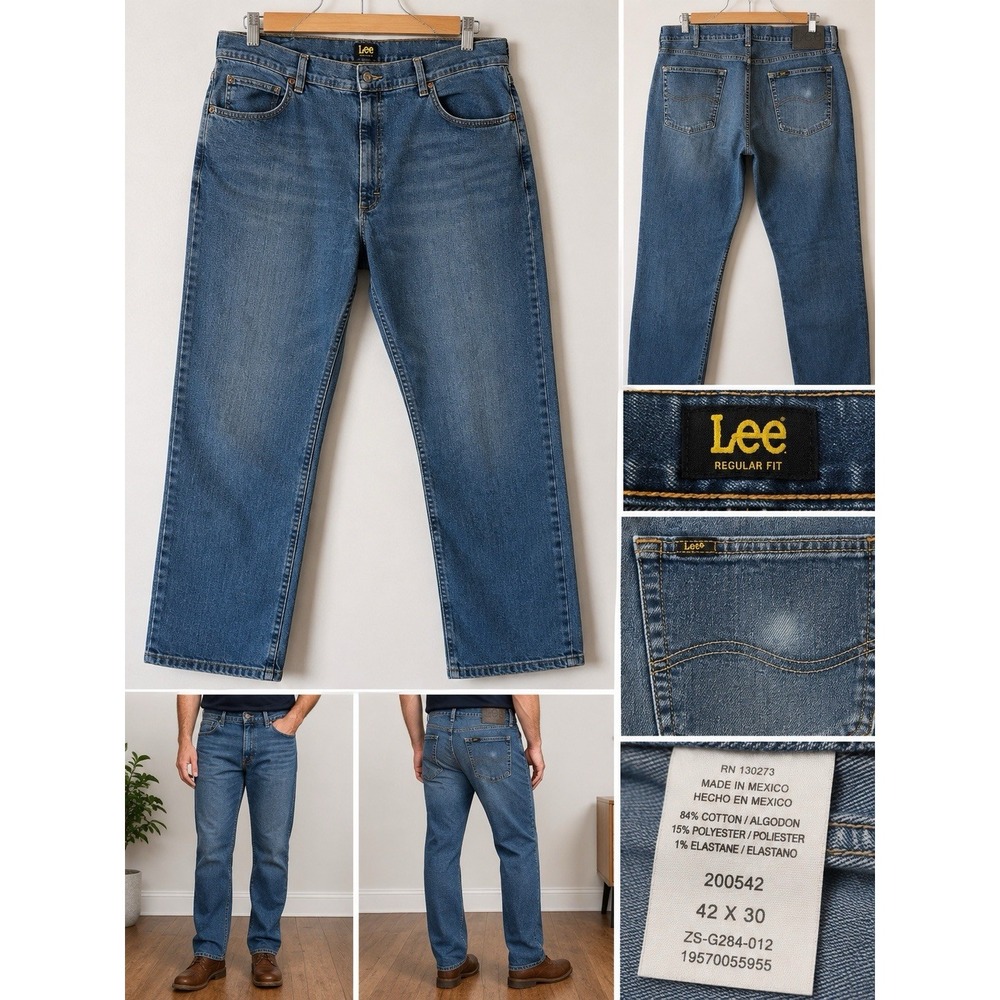 Lee Regular Fit Jeans Mens 42x30 Blue Stretch Denim Straight Leg 200542